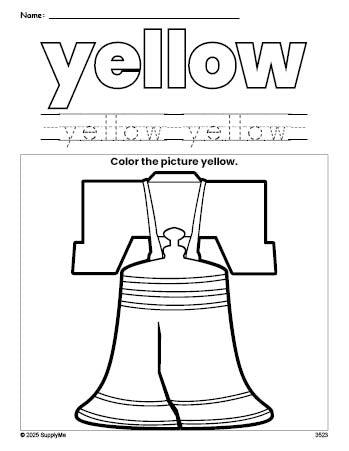 Free Fourth of July Liberty Bell color yellow coloring page and color worksheet, yellow worksheet for preschoolers to learn colors, printable PDF