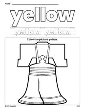 Free Fourth of July Liberty Bell color yellow coloring page and color worksheet, yellow worksheet for preschoolers to learn colors, printable PDF