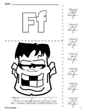 Free printable Frankenstein Halloween coloring page and cursive letter tracing worksheet, letter f worksheet for preschool, pre-k, and kindergarten, PDF