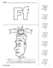 Free printable Frankenstein Halloween coloring page and cursive letter tracing worksheet, letter f worksheet for preschool, pre-k, and kindergarten, PDF