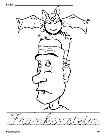 Free printable Frankenstein Halloween coloring page and cursive word tracing worksheet, perfect for preschool, pre-k, and kindergarten, PDF