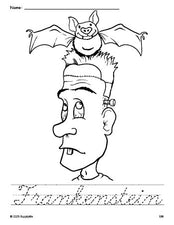 Free printable Frankenstein Halloween coloring page and cursive word tracing worksheet, perfect for preschool, pre-k, and kindergarten, PDF