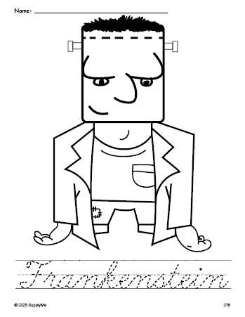 Free printable Frankenstein Halloween coloring page and cursive word tracing worksheet, perfect for preschool, pre-k, and kindergarten, PDF