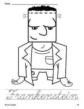 Free printable Frankenstein Halloween coloring page and cursive word tracing worksheet, perfect for preschool, pre-k, and kindergarten, PDF