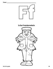 Free printable Frankenstein Halloween coloring page, letter f coloring page for preschool, pre-k, and kindergarten, PDF