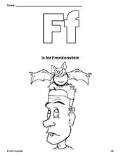 Free printable Frankenstein Halloween coloring page, letter f coloring page for preschool, pre-k, and kindergarten, PDF