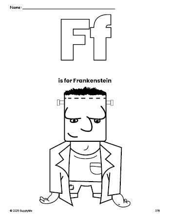 Free printable Frankenstein Halloween coloring page, letter f coloring page for preschool, pre-k, and kindergarten, PDF