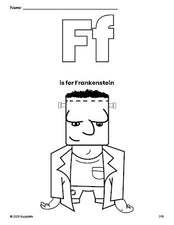 Free printable Frankenstein Halloween coloring page, letter f coloring page for preschool, pre-k, and kindergarten, PDF