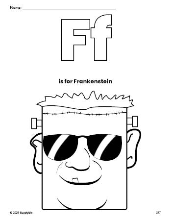 Free printable Frankenstein Halloween coloring page, letter f coloring page for preschool, pre-k, and kindergarten, PDF