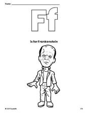 Free printable Frankenstein Halloween coloring page, letter f coloring page for preschool, pre-k, and kindergarten, PDF