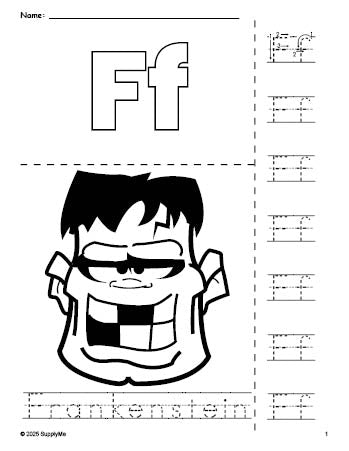 Free printable Frankenstein Halloween coloring page and letter tracing worksheet, letter f worksheet for preschool, pre-k, and kindergarten, PDF