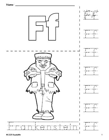 Free printable Frankenstein Halloween coloring page and letter tracing worksheet, letter f worksheet for preschool, pre-k, and kindergarten, PDF