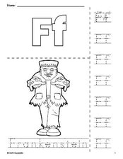 Free printable Frankenstein Halloween coloring page and letter tracing worksheet, letter f worksheet for preschool, pre-k, and kindergarten, PDF