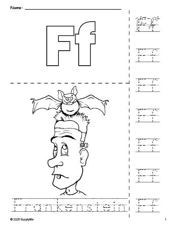 Free printable Frankenstein Halloween coloring page and letter tracing worksheet, letter f worksheet for preschool, pre-k, and kindergarten, PDF