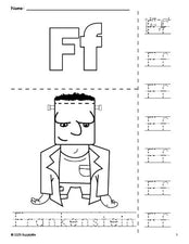 Free printable Frankenstein Halloween coloring page and letter tracing worksheet, letter f worksheet for preschool, pre-k, and kindergarten, PDF