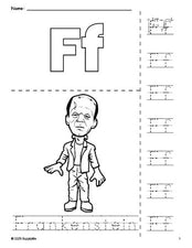 Free printable Frankenstein Halloween coloring page and letter tracing worksheet, letter f worksheet for preschool, pre-k, and kindergarten, PDF