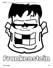 Free printable Frankenstein Halloween coloring page for preschool, pre-k, and kindergarten, PDF