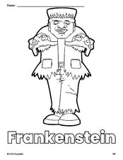 Free printable Frankenstein Halloween coloring page for preschool, pre-k, and kindergarten, PDF