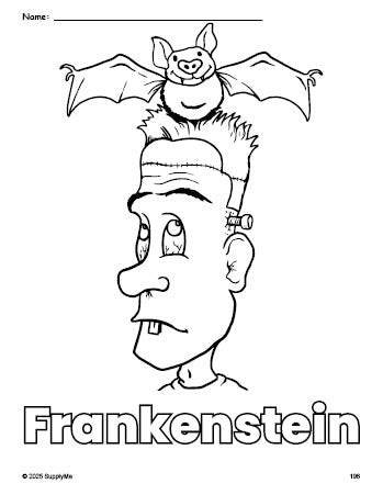 Free printable Frankenstein Halloween coloring page for preschool, pre-k, and kindergarten, PDF