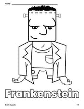 Free printable Frankenstein Halloween coloring page for preschool, pre-k, and kindergarten, PDF