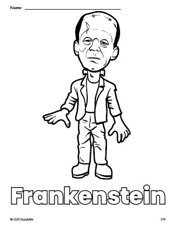 Free printable Frankenstein Halloween coloring page for preschool, pre-k, and kindergarten, PDF