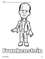 Free printable Frankenstein Halloween coloring page for preschool, pre-k, and kindergarten, PDF