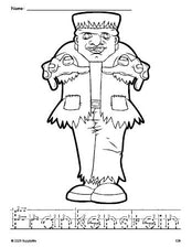 Free printable Frankenstein Halloween coloring page and word tracing worksheet, letter formation guides, perfect for preschool, pre-k, and kindergarten, PDF