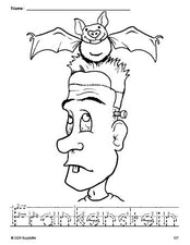 Free printable Frankenstein Halloween coloring page and word tracing worksheet, letter formation guides, perfect for preschool, pre-k, and kindergarten, PDF