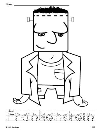 Free printable Frankenstein Halloween coloring page and word tracing worksheet, letter formation guides, perfect for preschool, pre-k, and kindergarten, PDF