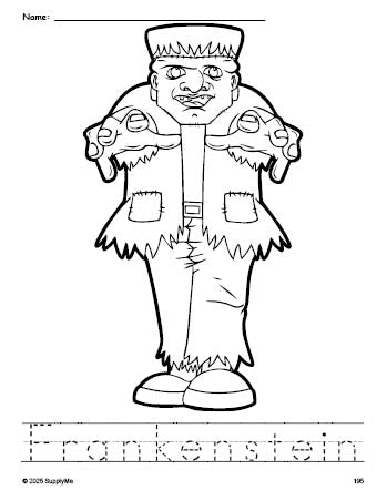 Free printable Frankenstein Halloween coloring page and word tracing worksheet, perfect for preschool, pre-k, and kindergarten, PDF