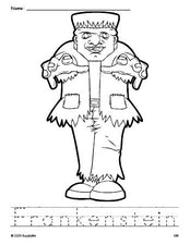 Free printable Frankenstein Halloween coloring page and word tracing worksheet, perfect for preschool, pre-k, and kindergarten, PDF