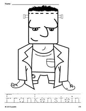 Free printable Frankenstein Halloween coloring page and word tracing worksheet, perfect for preschool, pre-k, and kindergarten, PDF