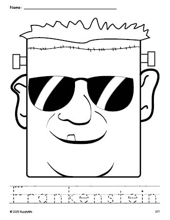 Free printable Frankenstein Halloween coloring page and word tracing worksheet, perfect for preschool, pre-k, and kindergarten, PDF