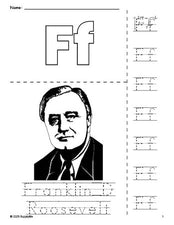 Free printable Franklin D Roosevelt Presidents' Day coloring page and letter tracing worksheet, letter f worksheet for preschool, pre-k, and kindergarten, PDF