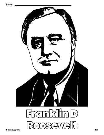 Free printable Franklin D Roosevelt Presidents' Day coloring page for preschool, pre-k, and kindergarten, PDF