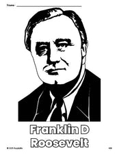 Free printable Franklin D Roosevelt Presidents' Day coloring page for preschool, pre-k, and kindergarten, PDF