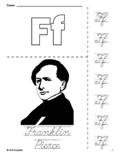 Free printable Franklin Pierce Presidents' Day coloring page and cursive letter tracing worksheet, letter f worksheet for preschool, pre-k, and kindergarten, PDF