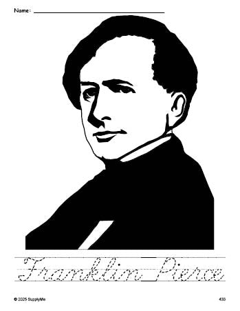 Free printable Franklin Pierce Presidents' Day coloring page and cursive word tracing worksheet, perfect for preschool, pre-k, and kindergarten, PDF