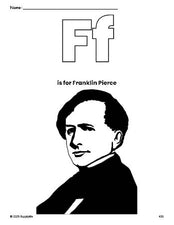 Free printable Franklin Pierce Presidents' Day coloring page, letter f coloring page for preschool, pre-k, and kindergarten, PDF