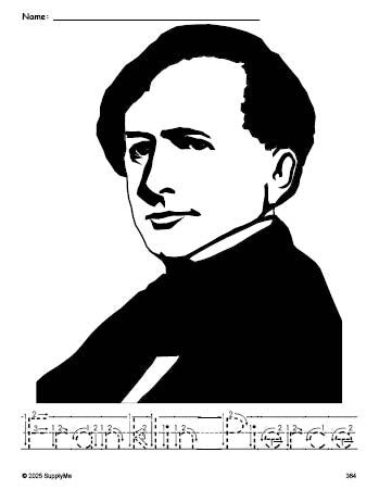 Free printable Franklin Pierce Presidents' Day coloring page and word tracing worksheet, letter formation guides, perfect for preschool, pre-k, and kindergarten, PDF