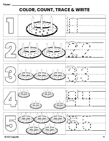 Free printable advent Christmas coloring page and number tracing worksheet, numbers 1-5 counting worksheet for preschool and pre-k