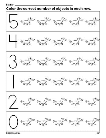 Free printable alligator count and color worksheet for preschoolers, alligator coloring page and counting worksheet numbers 0-5, PDF