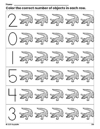 Free printable alligator count and color worksheet for preschoolers, alligator coloring page and counting worksheet numbers 0-5, PDF