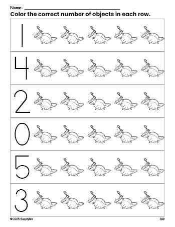 Free printable alligator count and color worksheet for preschoolers, alligator coloring page and counting worksheet numbers 0-5, PDF