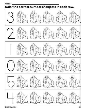 Free printable ape count and color worksheet for preschoolers, ape coloring page and counting worksheet numbers 0-5, PDF