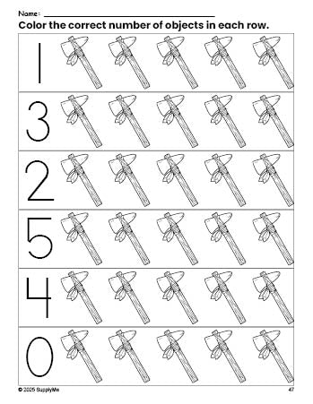 Free printable axe Thanksgiving count and color worksheet for preschoolers, Thanksgiving coloring page and counting worksheet numbers 0-5, PDF