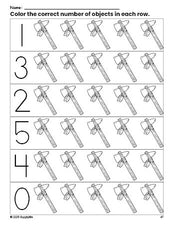 Free printable axe Thanksgiving count and color worksheet for preschoolers, Thanksgiving coloring page and counting worksheet numbers 0-5, PDF