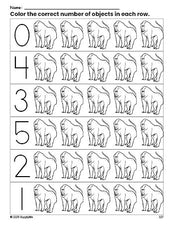 Free printable baboon count and color worksheet for preschoolers, baboon coloring page and counting worksheet numbers 0-5, PDF