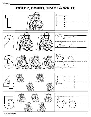 Free printable Baby Jesus Christmas coloring page and number tracing worksheet, numbers 1-5 counting worksheet for preschool and pre-k