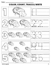 Free printable Baby Jesus Christmas coloring page and number tracing worksheet, numbers 1-5 counting worksheet for preschool and pre-k